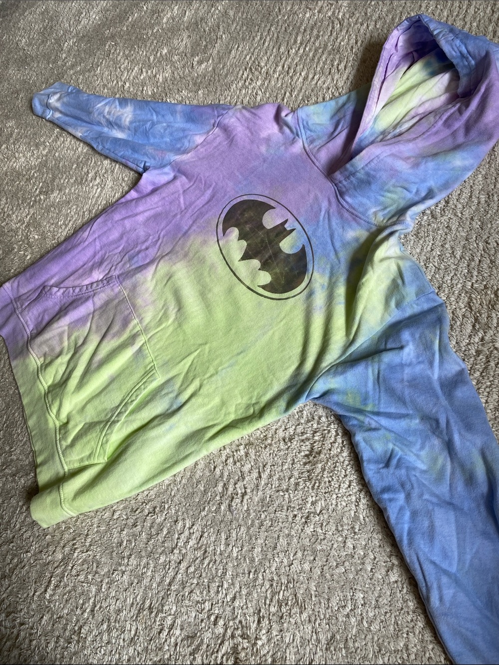 Kids Tie-Dye Pullover Hoodie with Metallic Bat Emblem - Purple & Green